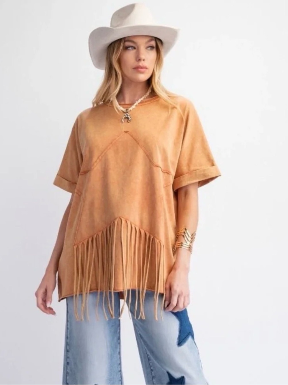Easel Star Fringed Cotton Tee Pullover Mineral Wash Cotton Shirt NWT
